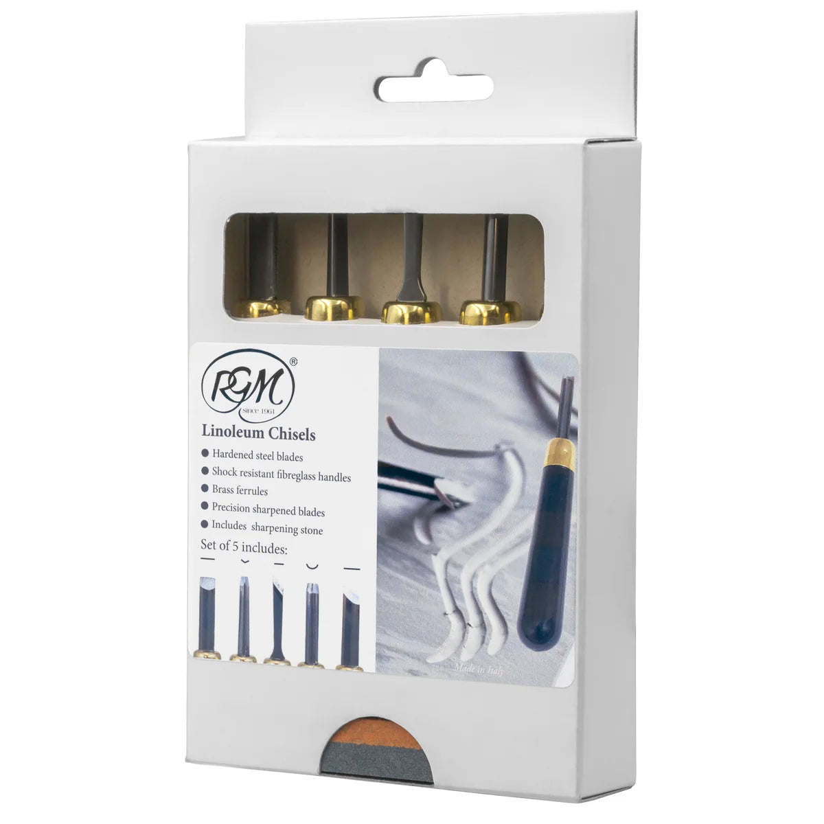 RGM Linoleum Cutting Chisel Set - 5 Carving Tools with Dual Sharpening Stone