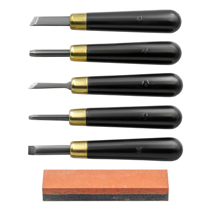 RGM Linoleum Cutting Chisel Set - 5 Carving Tools with Dual Sharpening Stone